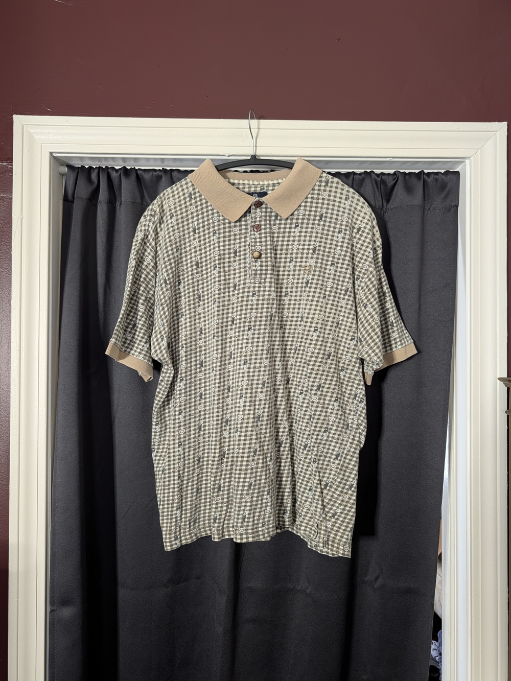 Givenchy Beige/Gray Gingham Check Golf Print Cotton Mens Polo Shirt M